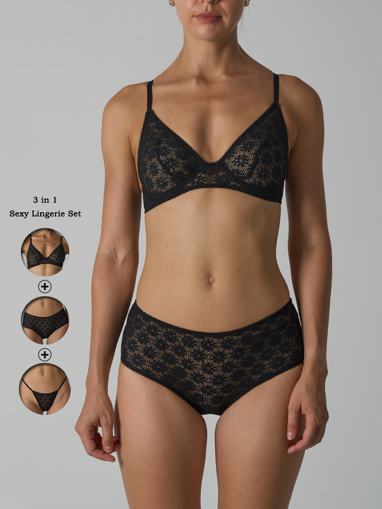 Sheer Bra Lace - VITALINOVO 3 Potong Set Lingerie Renda