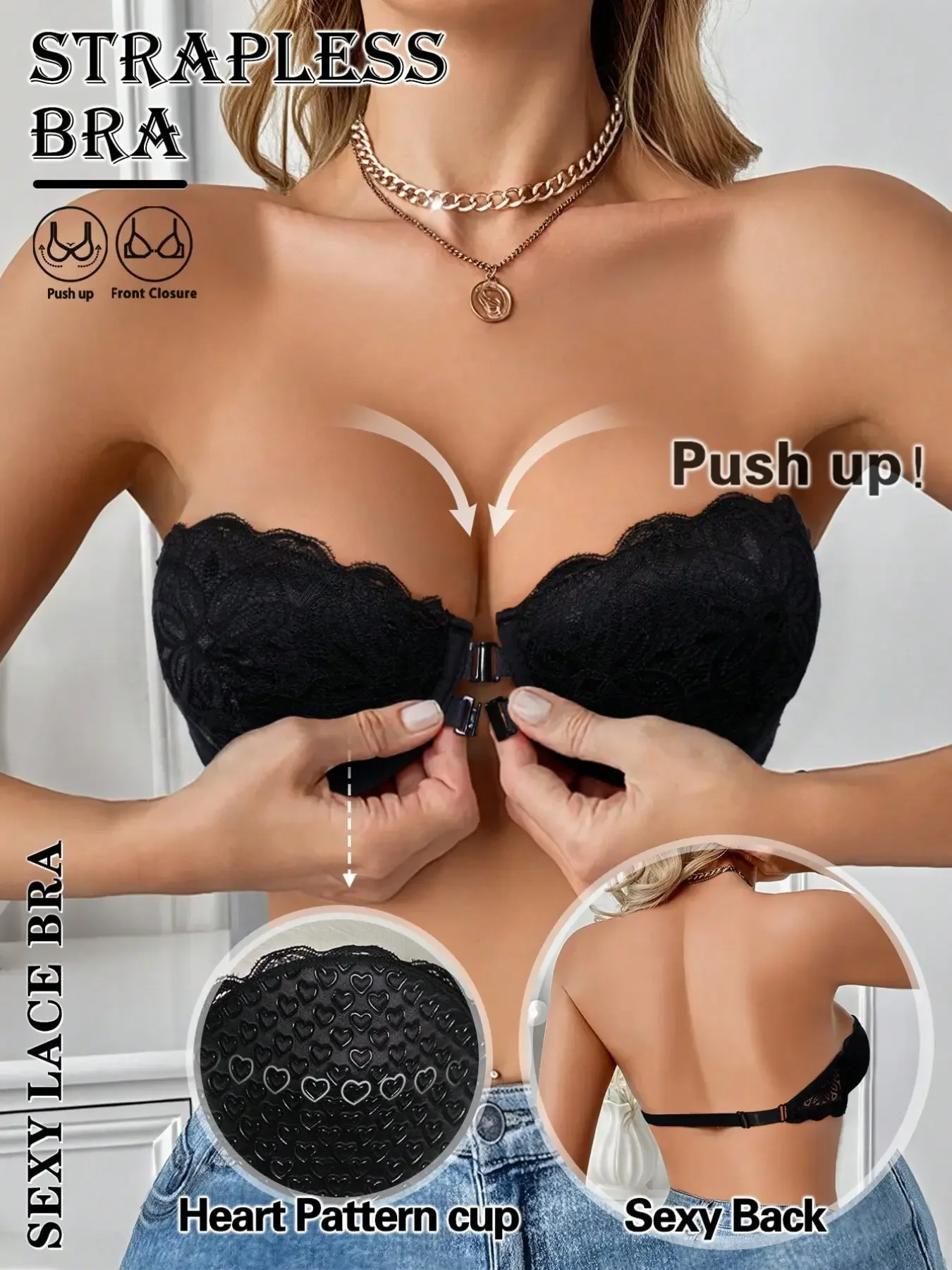 Plunge Bra Push Up - Bra Push-Up Tanpa Tali dengan Renda